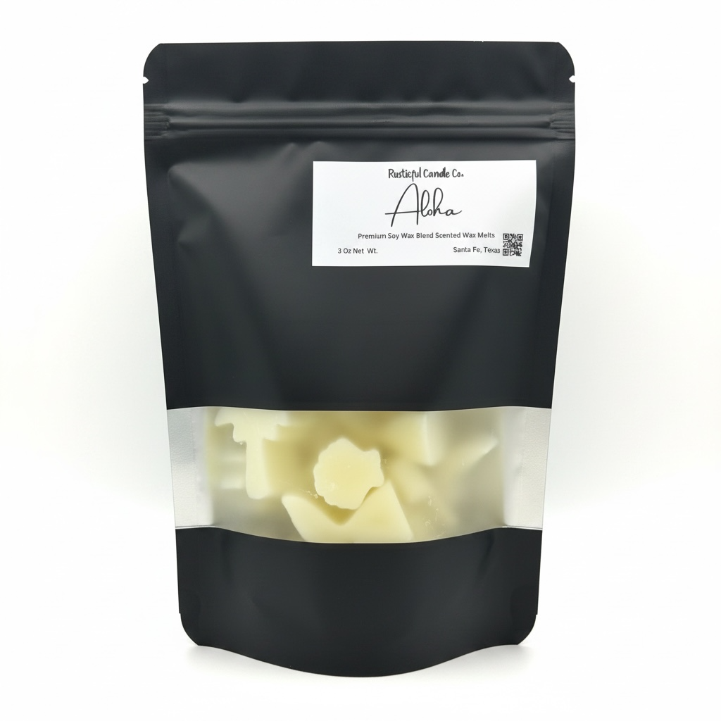 Black packaging of 'Aloha' with a label and image of wax melts on a white background