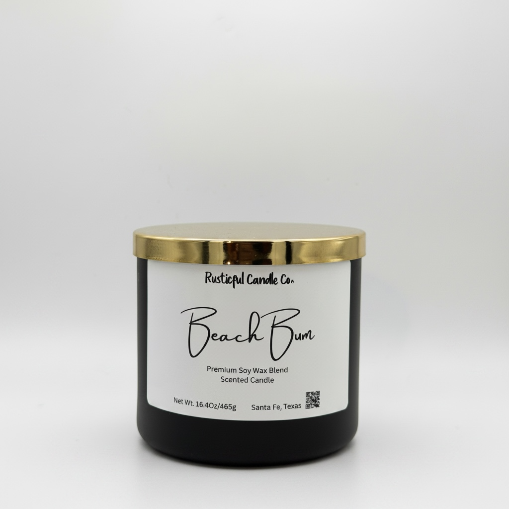 Black candle with a gold lid and 'Beach Bum' label on a white background