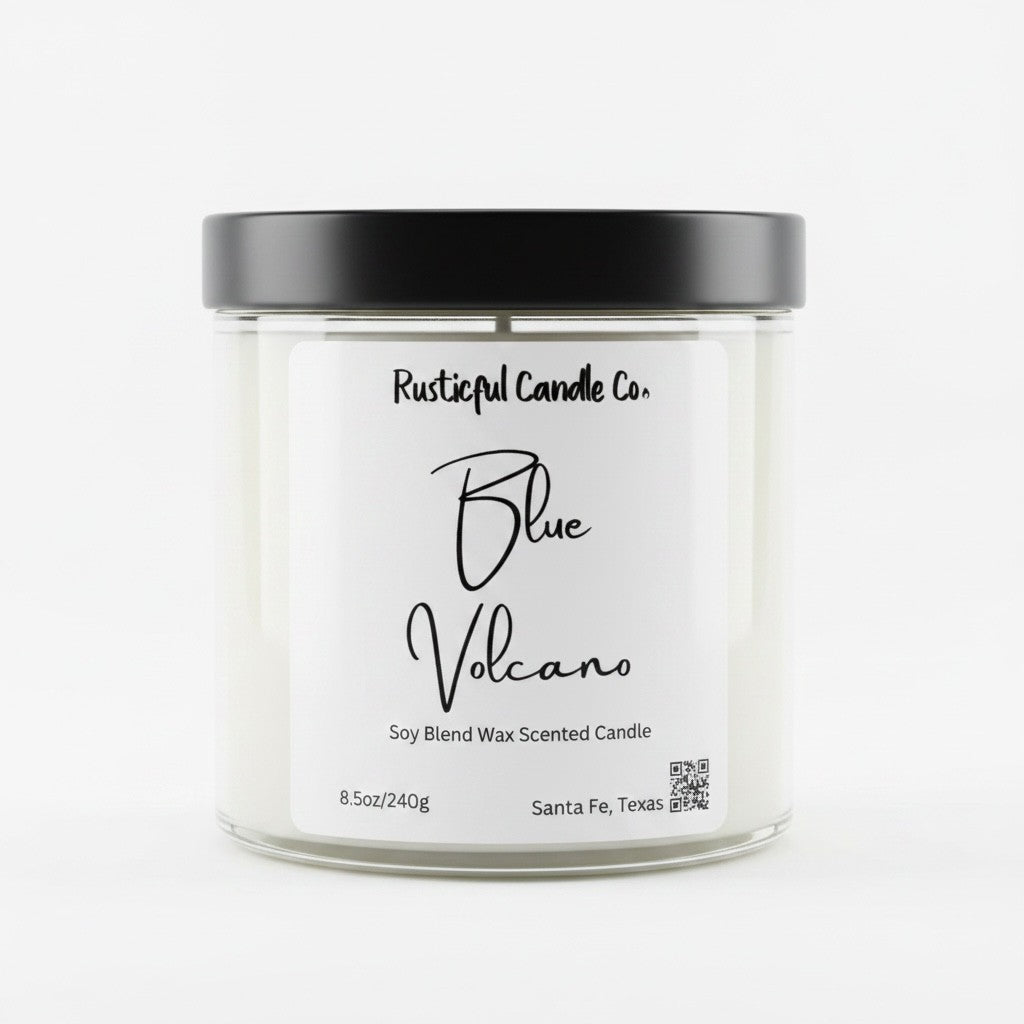 Candle jar labeled 'Blue Volcano' by Rusticul Candle Co. on a white background