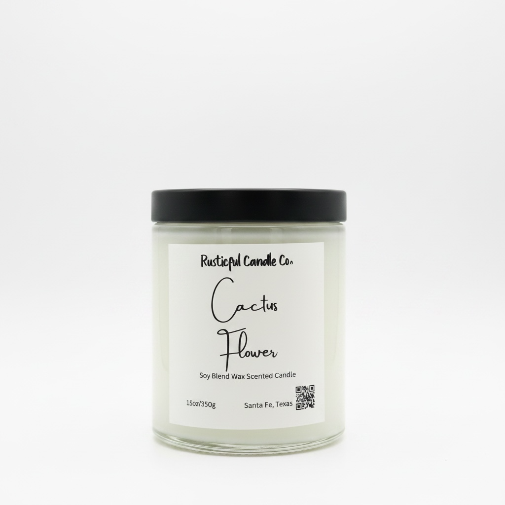 Candle with 'Cactus Flower' label on a white background