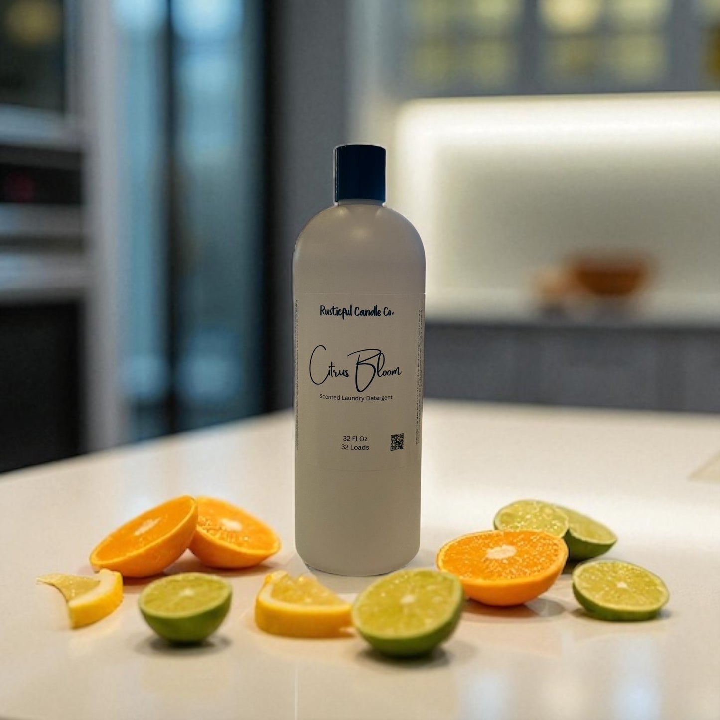 Bottle of 'Crisis Blower' product with citrus fruits on a kitchen counter