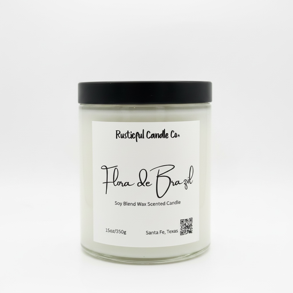 Candle with 'Rusticful Candle Co.' label on a white background