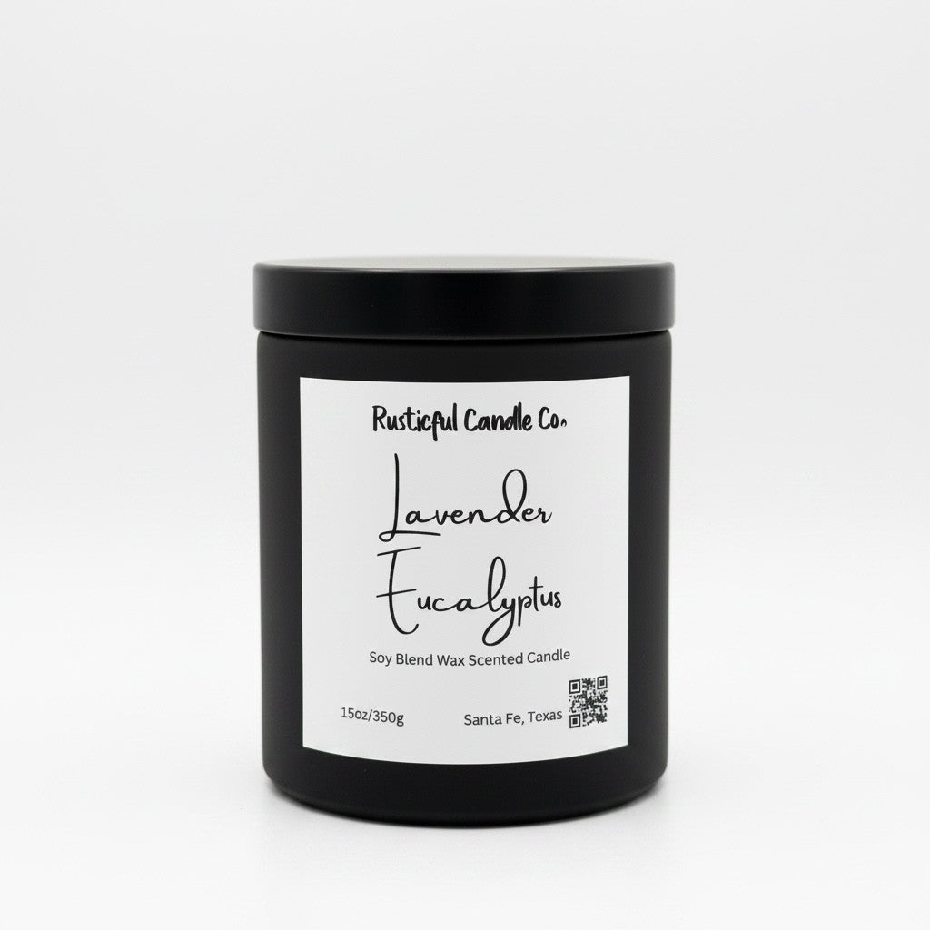 A black jar candle with a white label reading 'Rustical Candle Co. Lavender Eucalyptus' on a clean white background.