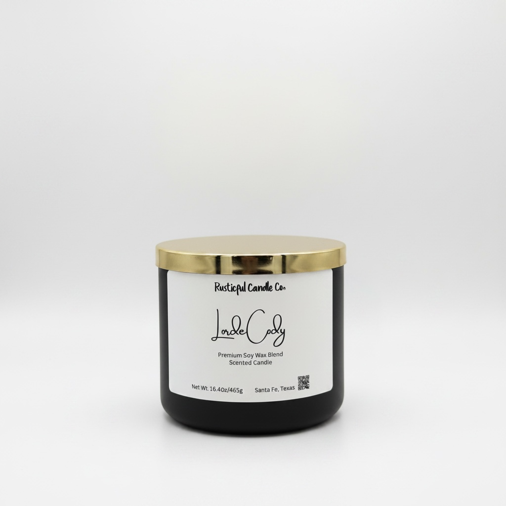 Black candle with a gold lid and white label on a light gray background