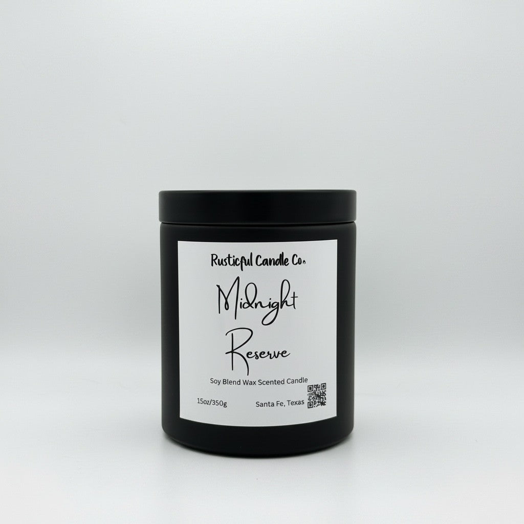 A black jar candle with a white label reading 'Rustical Candle Co. Midnight Reserve' on a light gray studio background.