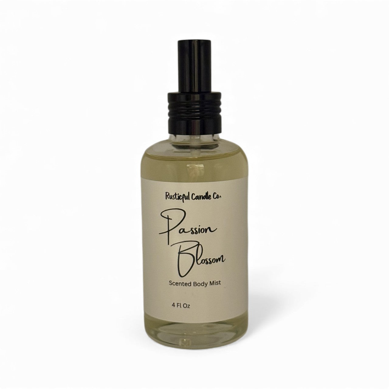 Bottle of 'Passion Blossom' scented body mist from Pactful Candle Co. on a white background