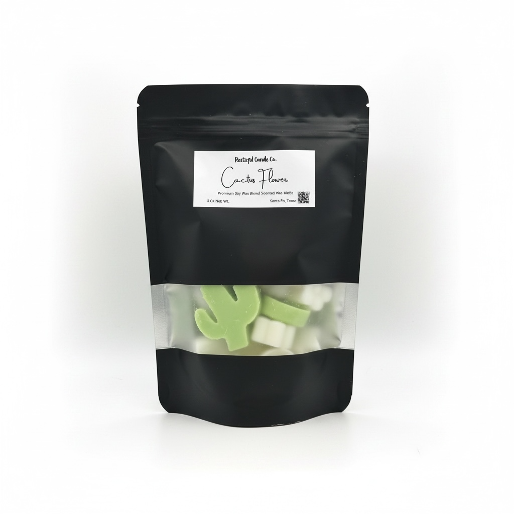 Black pouch with cactus-shaped candies on a white background