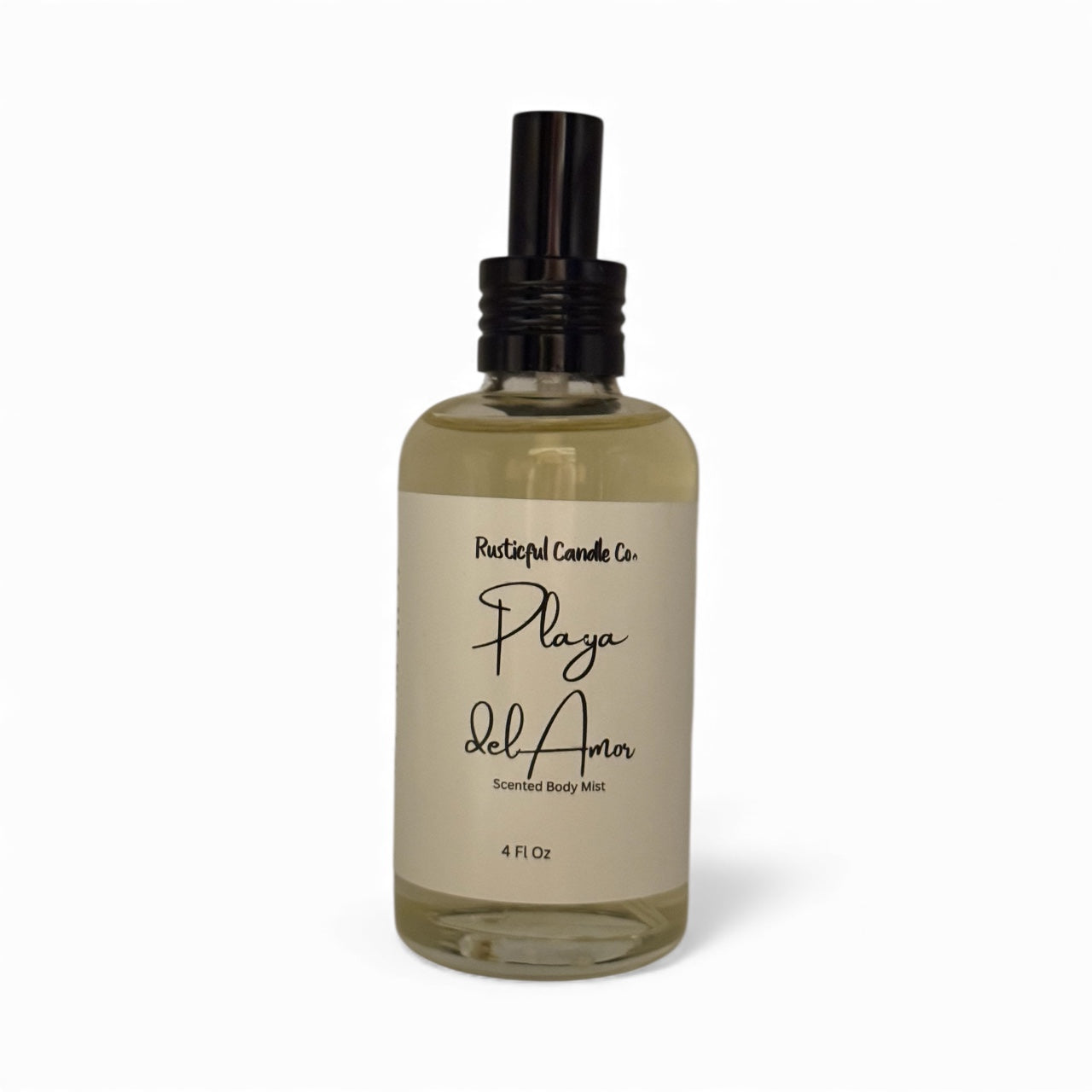 Body mist bottle labeled 'Playa Del Amor' by Rusticful Candle Co. on a white background