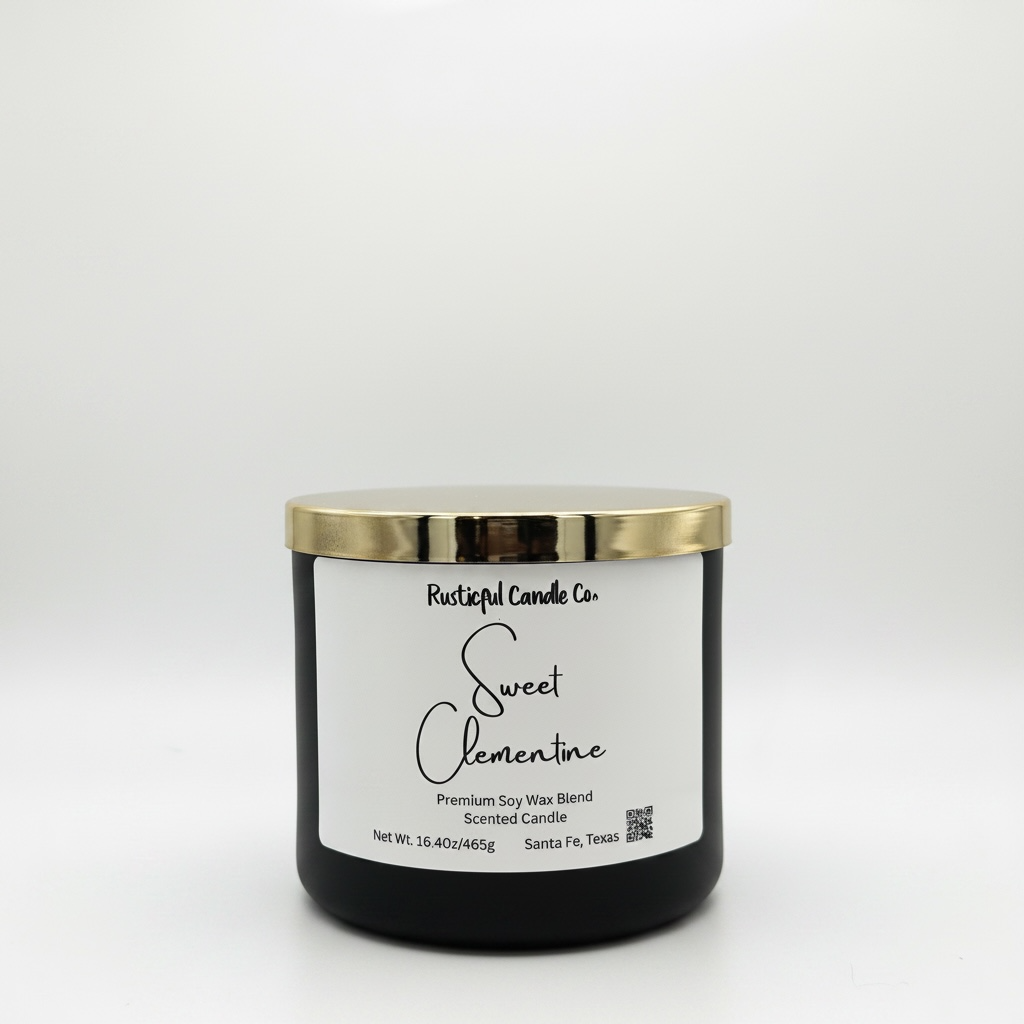 Black candle with a gold lid and white label on a white background