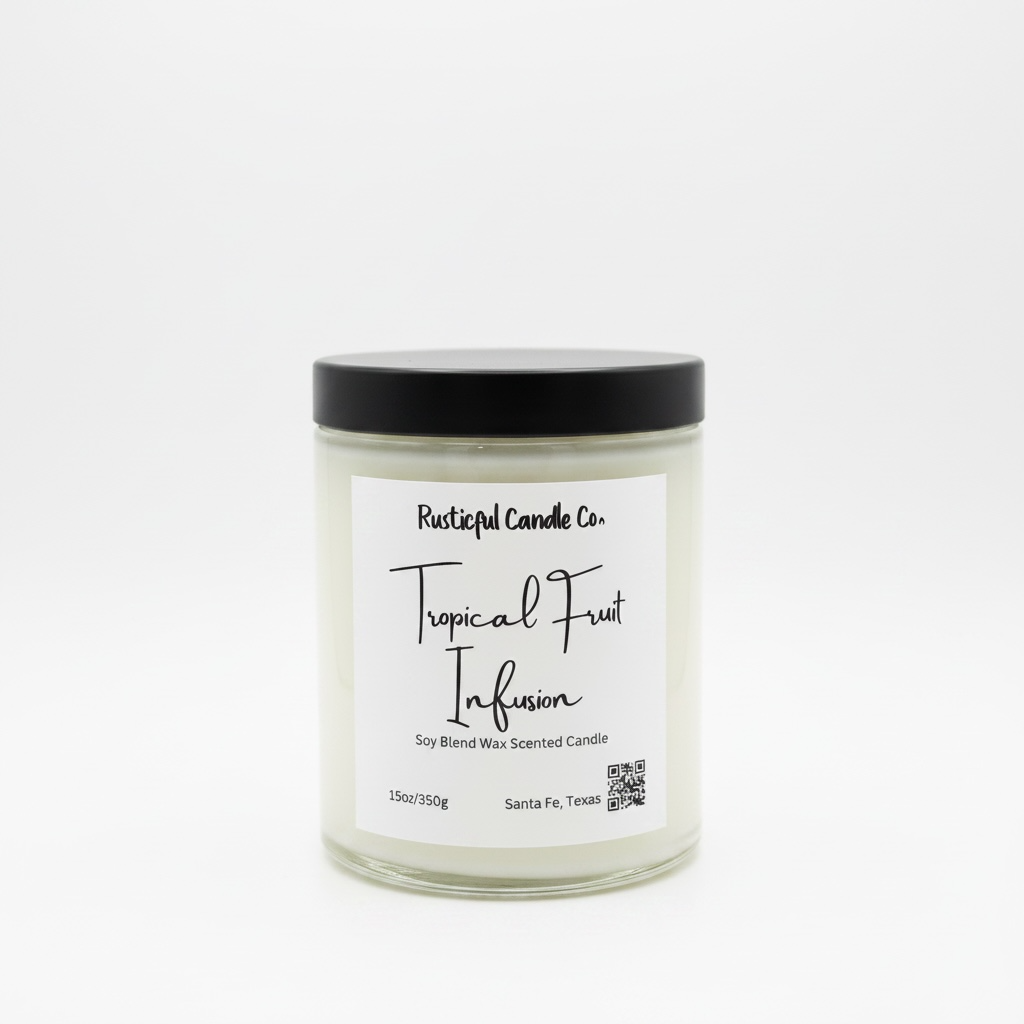 Candle jar labeled 'Tropical Fruit Infusion' by Rusticful Candle Co. on a white background