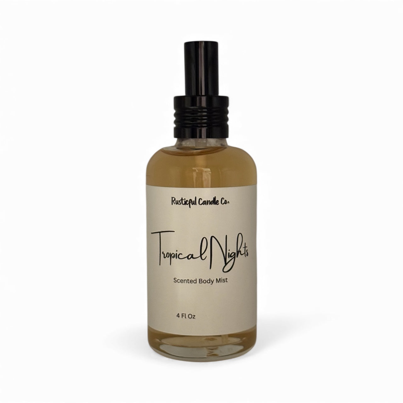 Bottle of 'Tropical Nights' scented body mist with a beige label on a white background