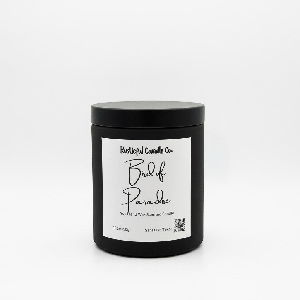 Rusticful Candle Co Bird of Paradise scented soy blend candle in a matte black jar with a matching lid.