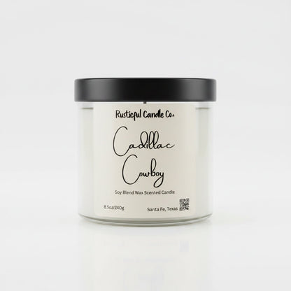 Candle jar labeled 'Cadillac Cowboy' by Rusticful Candle Co. on a white background