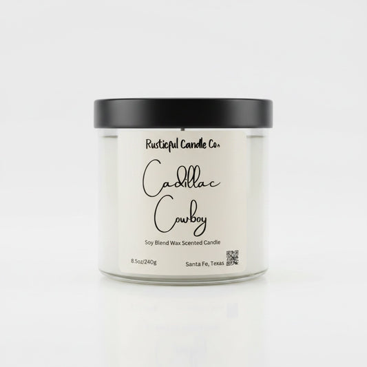 Candle jar labeled 'Cadillac Cowboy' by Rusticful Candle Co. on a white background