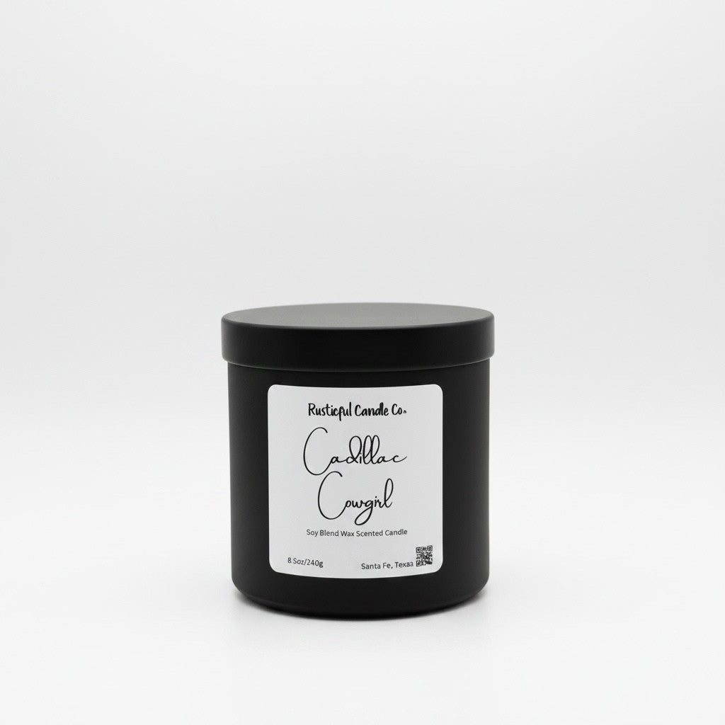 Black candle jar with a label on a white background