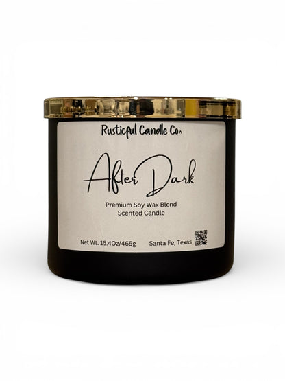 "Rusticful Candle Co After Hours 3 Wick Candle glowing with warm amber light, evoking an elegant night-out atmosphere"