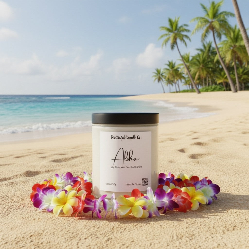 Candle with 'Aloha' label on a sandy beach with palm trees and ocean in the background
