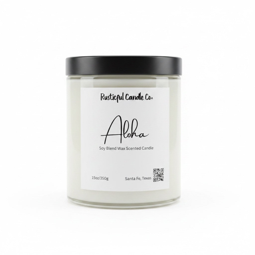 Candle with 'Rusticful Candle Co.' label on a white background