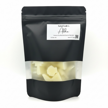 Black packaging of 'Aloha' with a label and image of wax melts on a white background