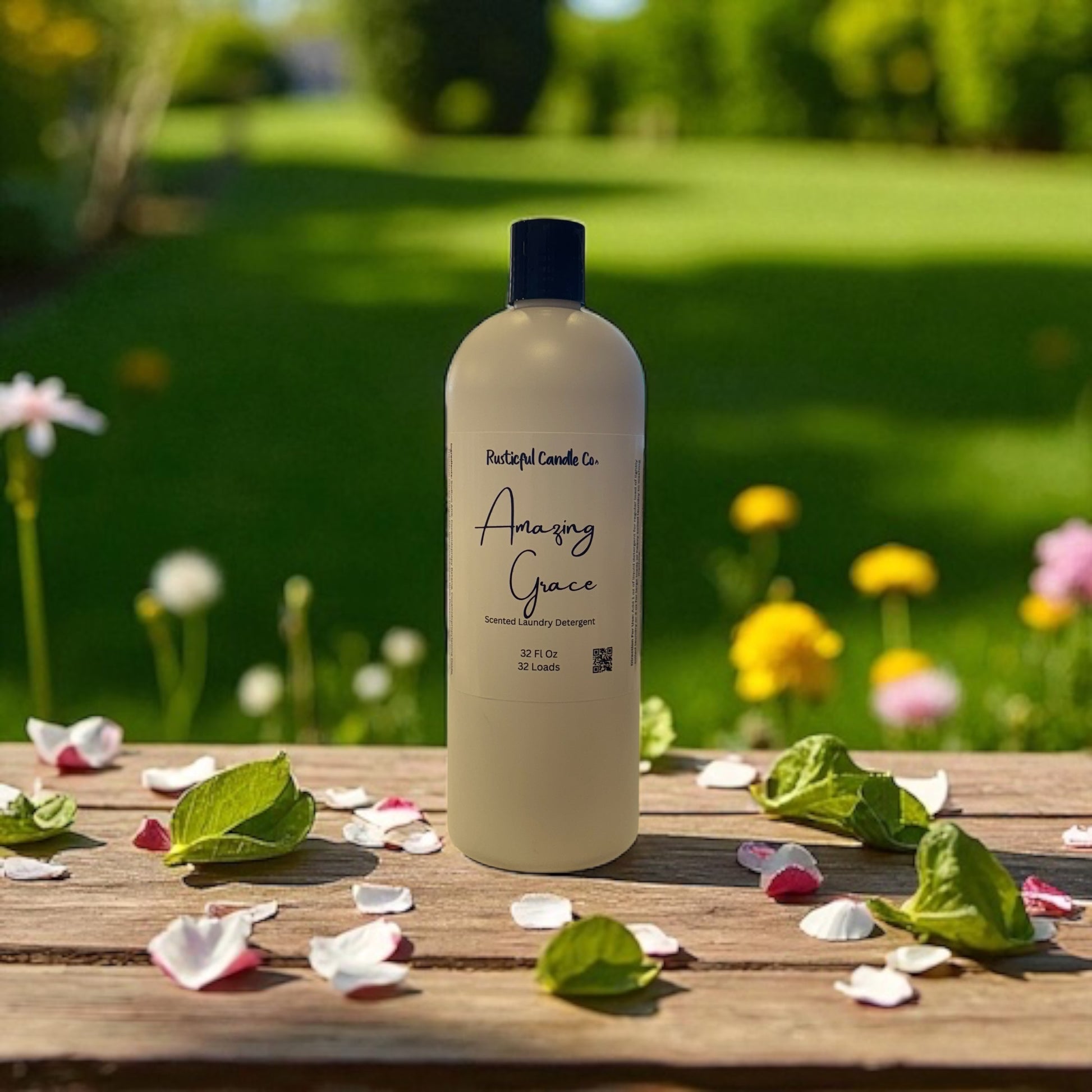Bottle of 'Amazing Grace' soap on a wooden table with flowers and greenery in the background