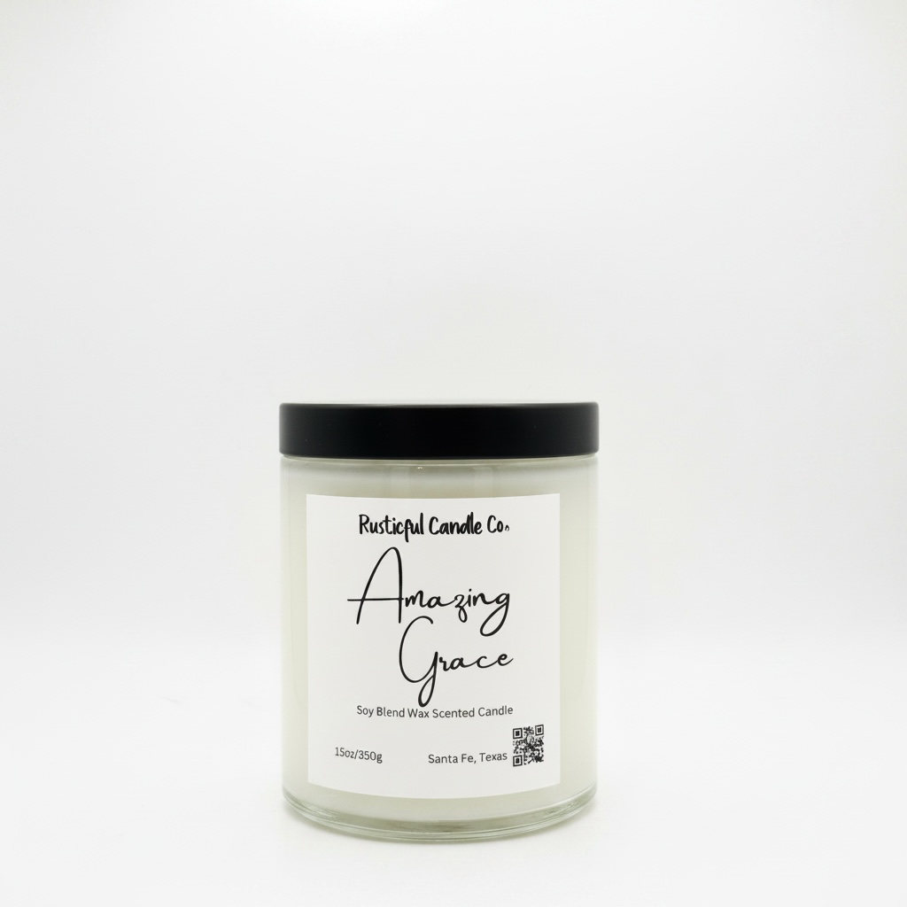Candle with 'Amazing Grace' label on a white background