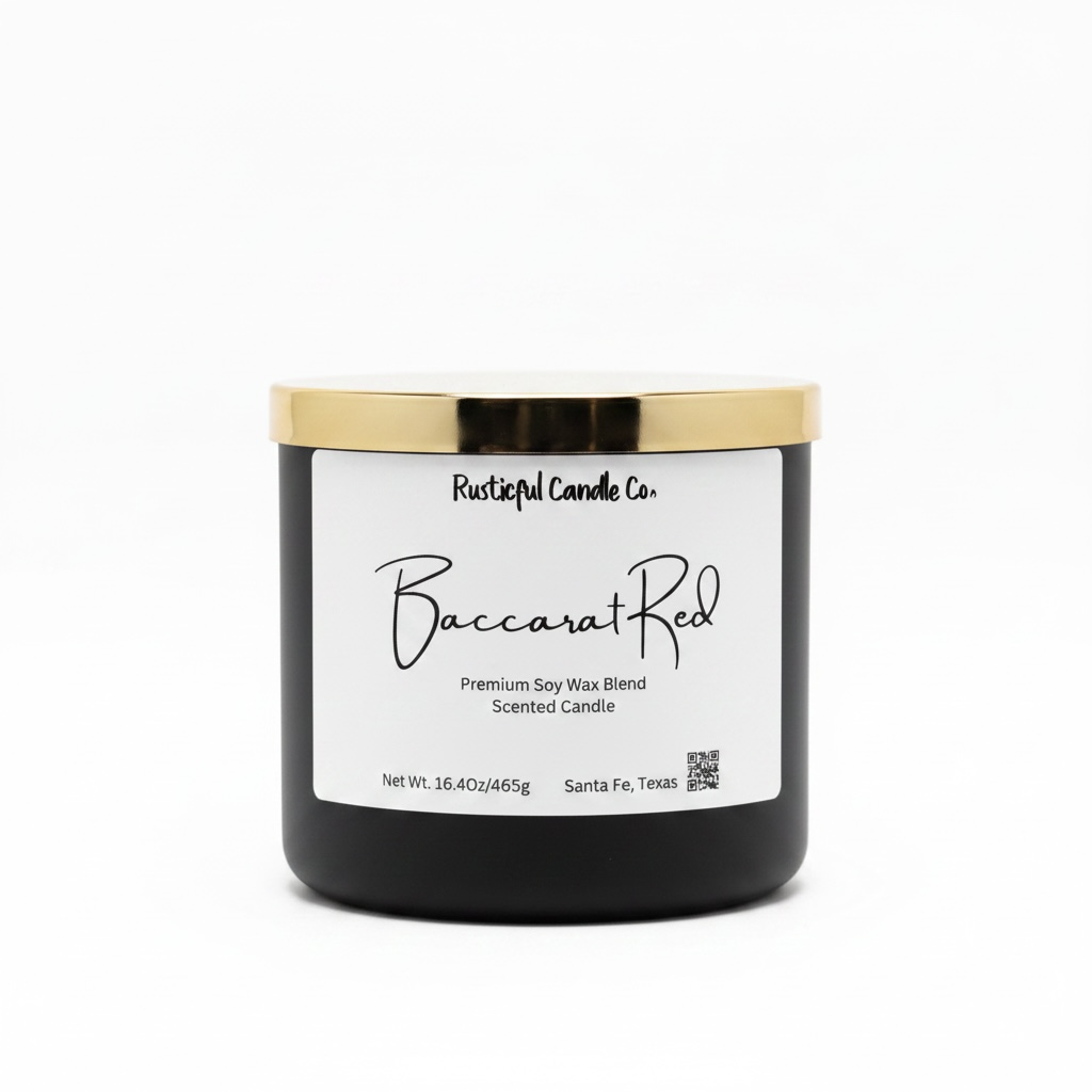 Black candle with gold lid and white label on a white background