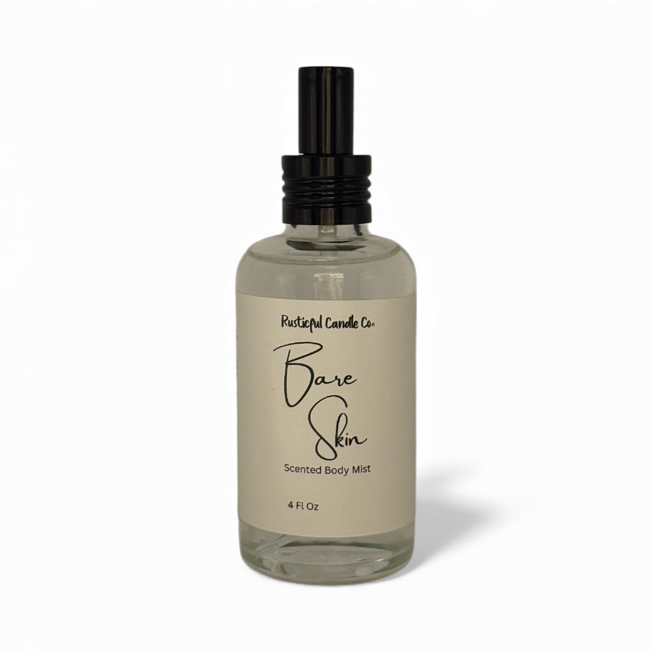 Clear glass bottle with black spray nozzle labeled 'Bare Skin' on a white background