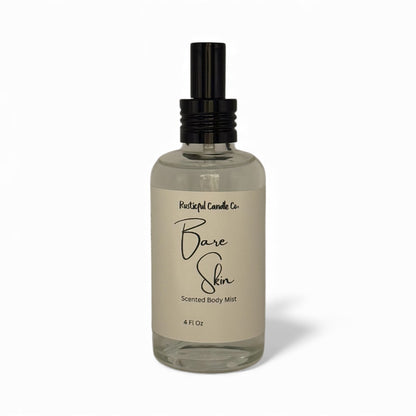 Clear glass bottle with black spray nozzle labeled 'Bare Skin' on a white background