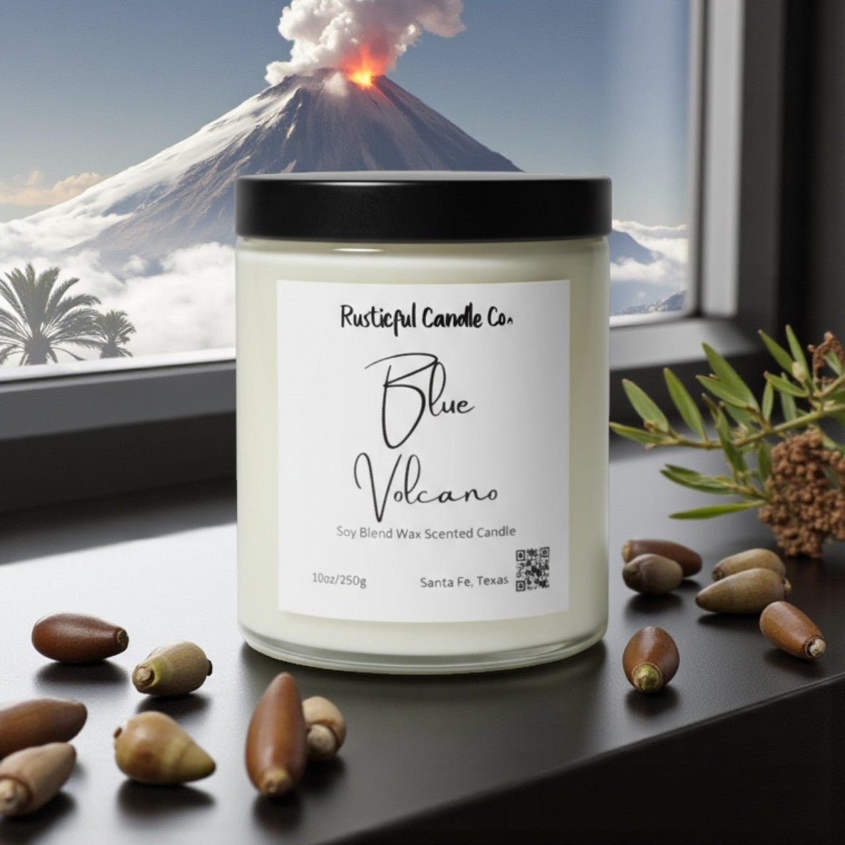 Candle labeled 'Blue Volcano' from Rusticful Candle Co. with a volcano and palm trees in the background.
