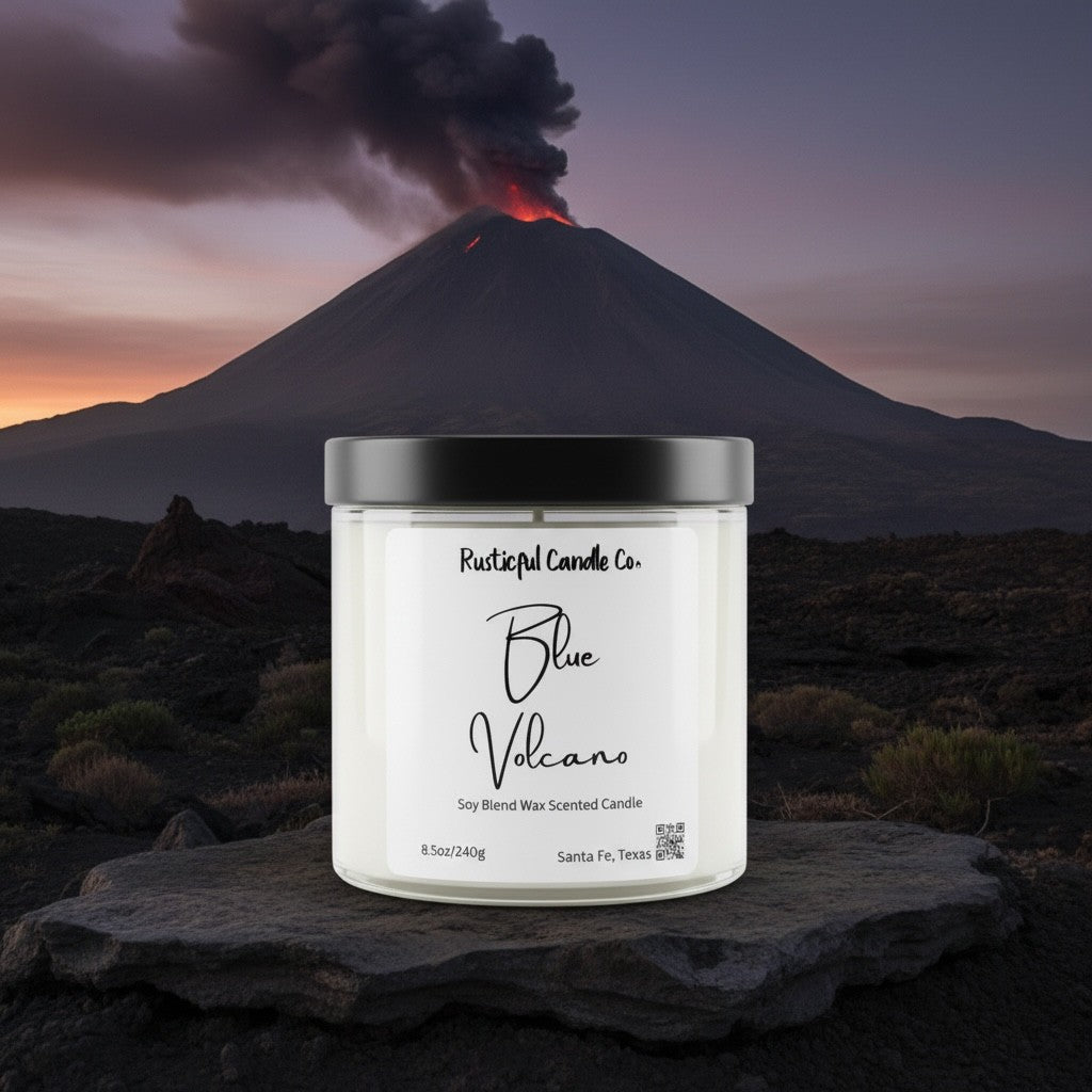 Candle labeled 'Blue Volcano' by Rusticful Candle Co. with a volcano in the background