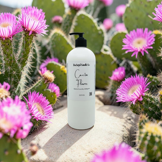 A white pump bottle labeled 'Cactus Flowers' by Rustical Candles Co, placed on a stone surface surrounded by pink cactus flowers and green cacti.