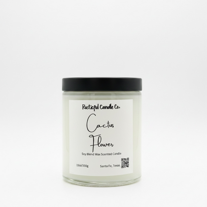 Candle with 'Cactus Flower' label on a white background