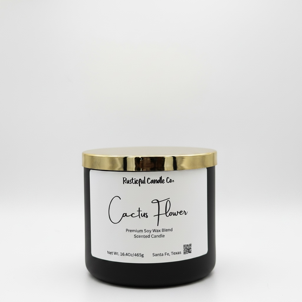 Candle with a gold lid and 'Rusticful Candle Co.' label on a white background