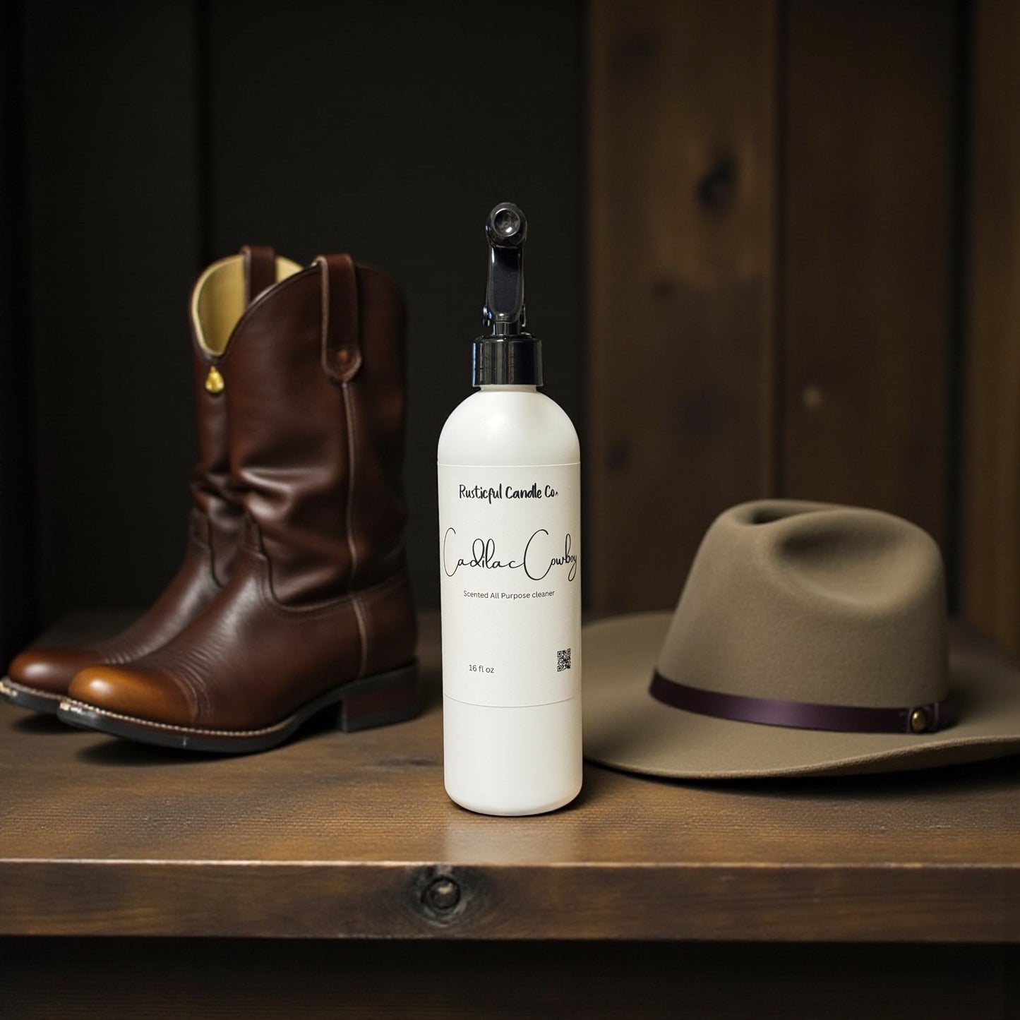 Bottle of leather care product with cowboy boots and hat on a wooden surface