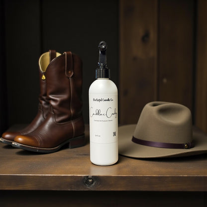 Bottle of leather care product with cowboy boots and hat on a wooden surface