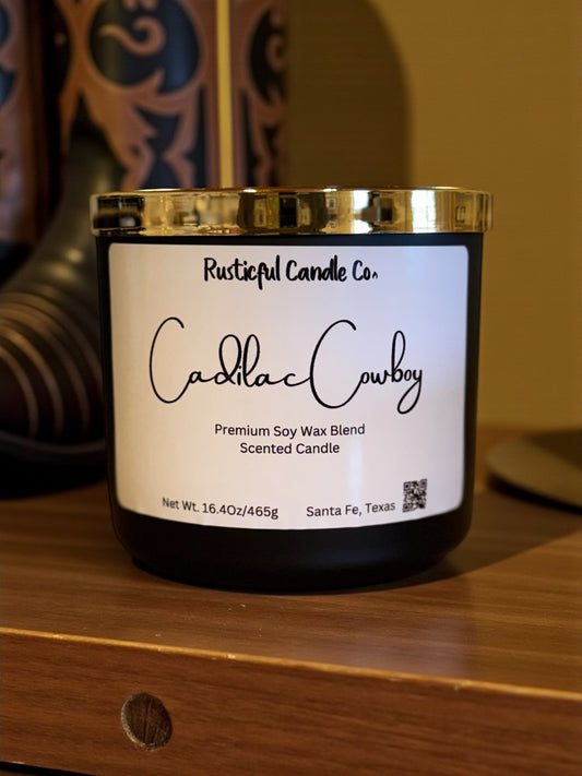 Candle with 'Rusticful Candle Co.' label on a wooden surface