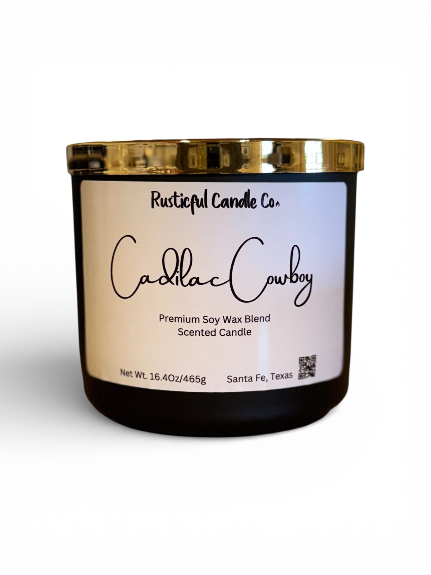 Candle with 'Rustiful Candle Co.' label on a white background