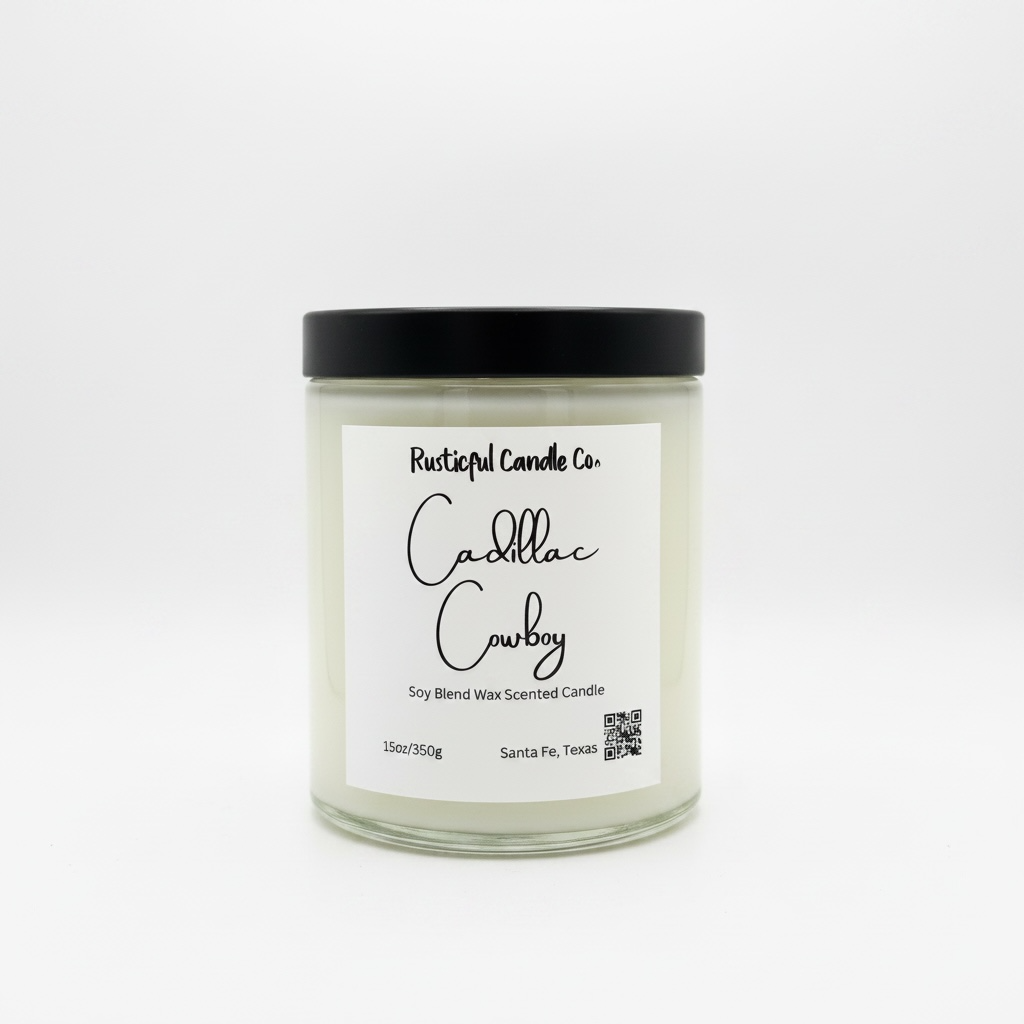 Candle jar with a black lid and white label on a white background