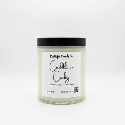 Candle jar with a black lid and white label on a white background