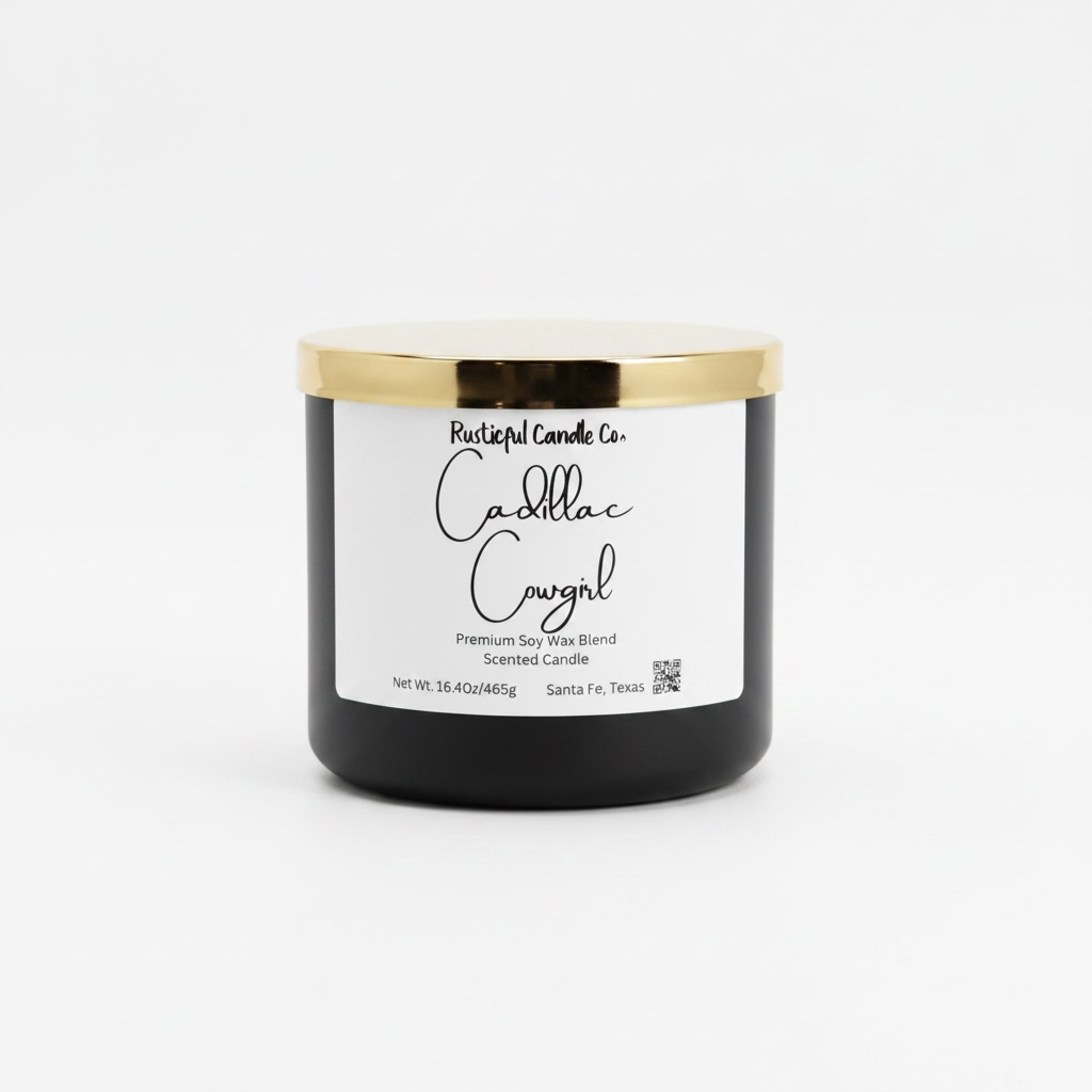 Black candle with gold lid and white label on a white background