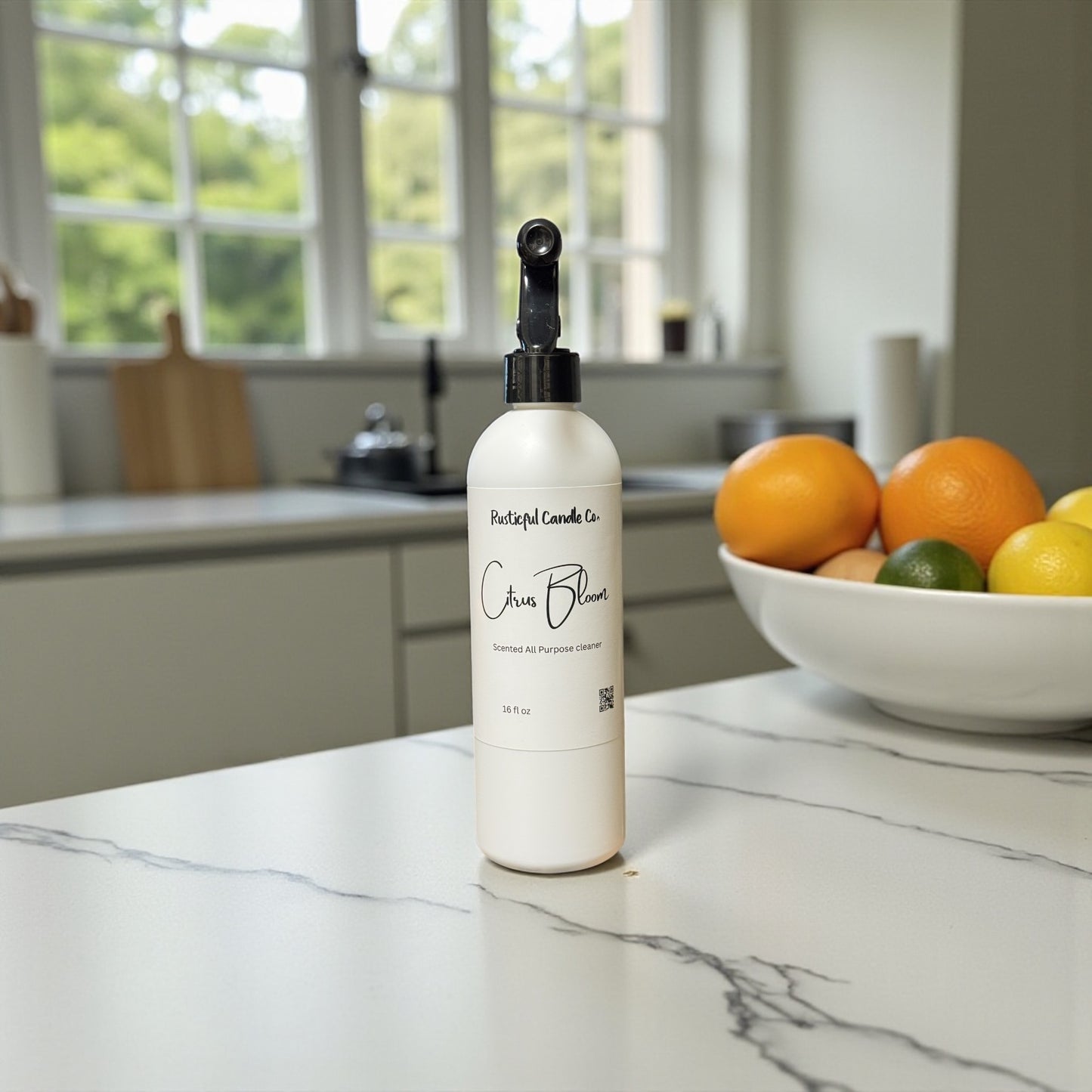 White bottle with black cap on a marble countertop in a kitchen setting