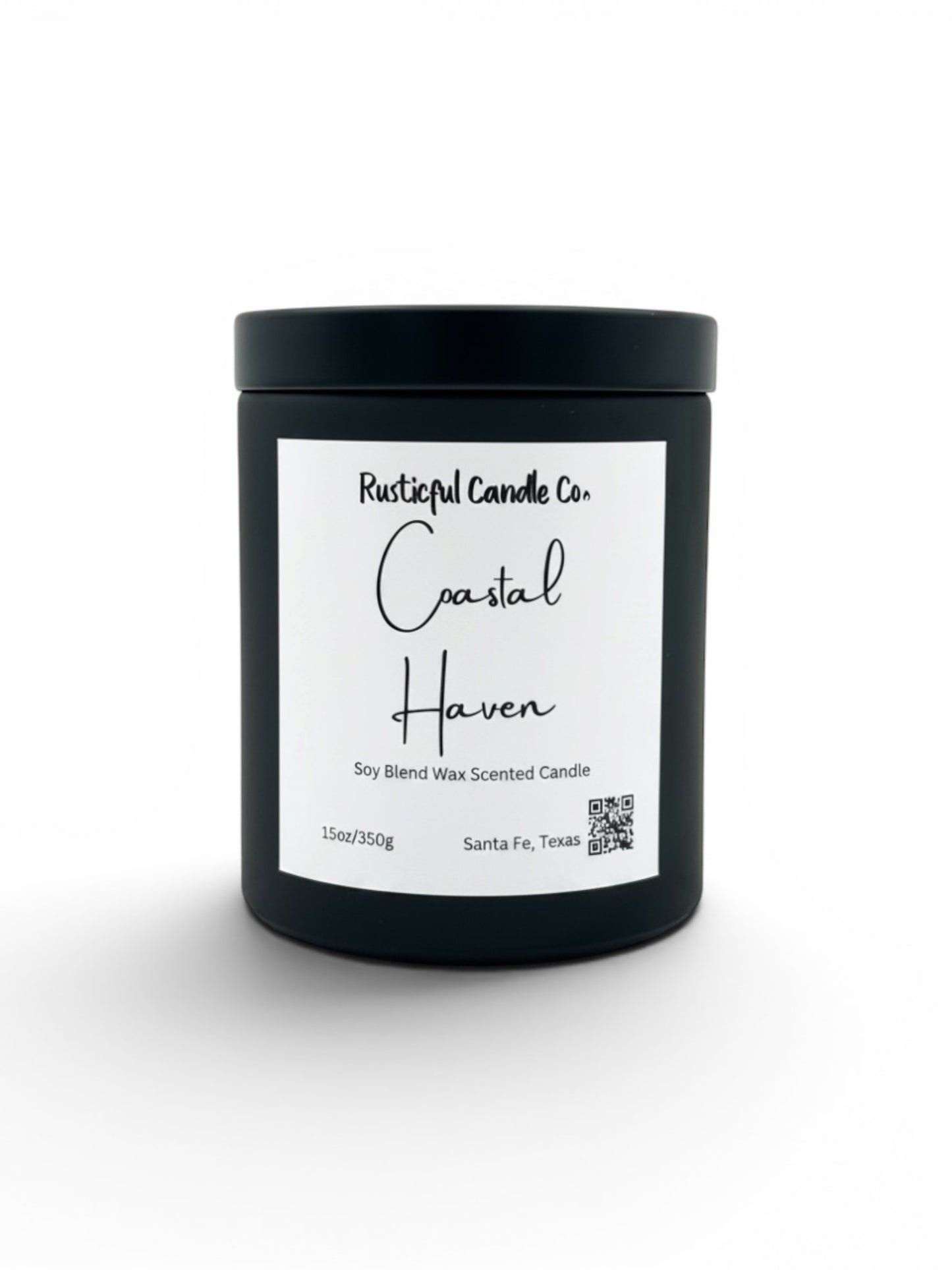 A black jar candle with a white label reading 'Rusticalful Candle Co. Coastal Haven' on a clean white background.