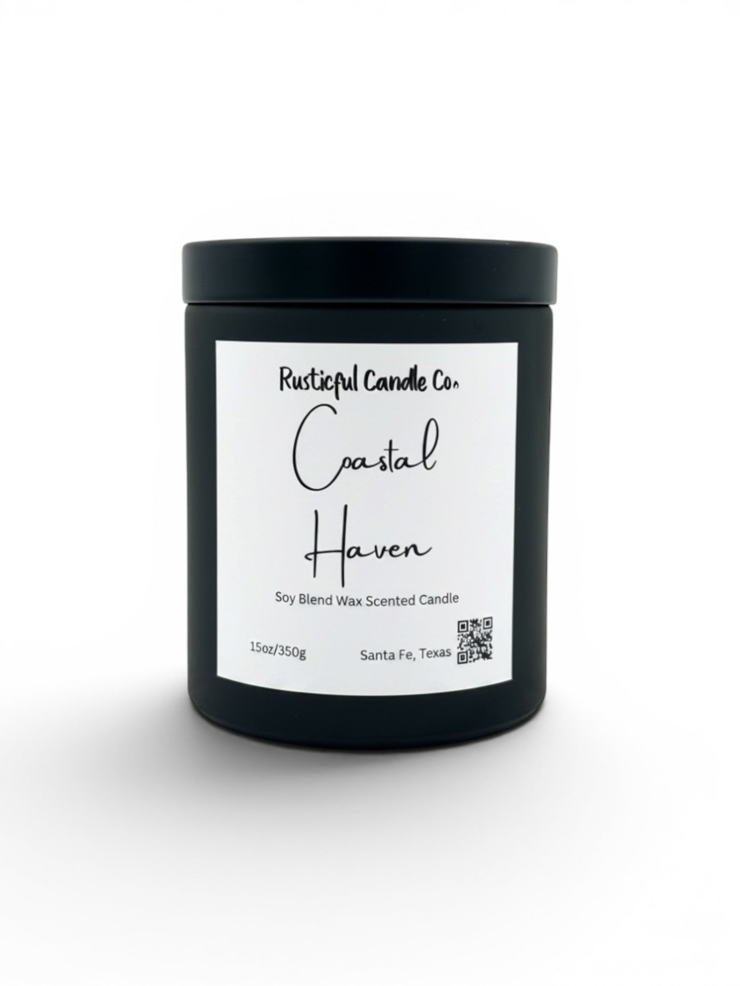 A black jar candle with a white label reading 'Rusticalful Candle Co. Coastal Haven' on a clean white background.