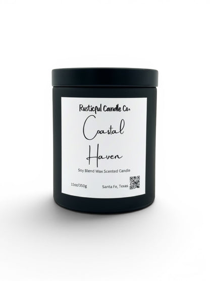 A black jar candle with a white label reading 'Rusticalful Candle Co. Coastal Haven' on a clean white background.