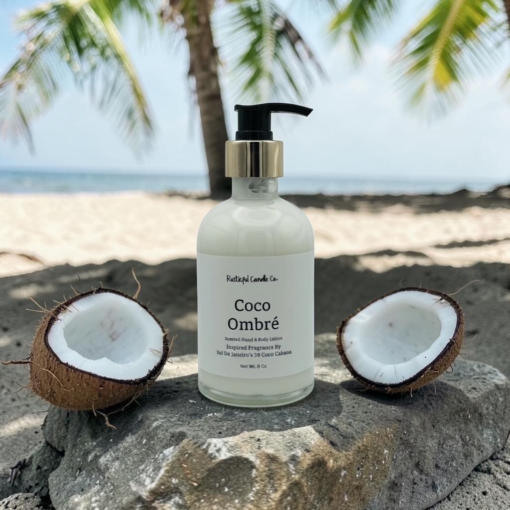 Coco Ombré bottle on a rock with coconuts and palm trees in the background