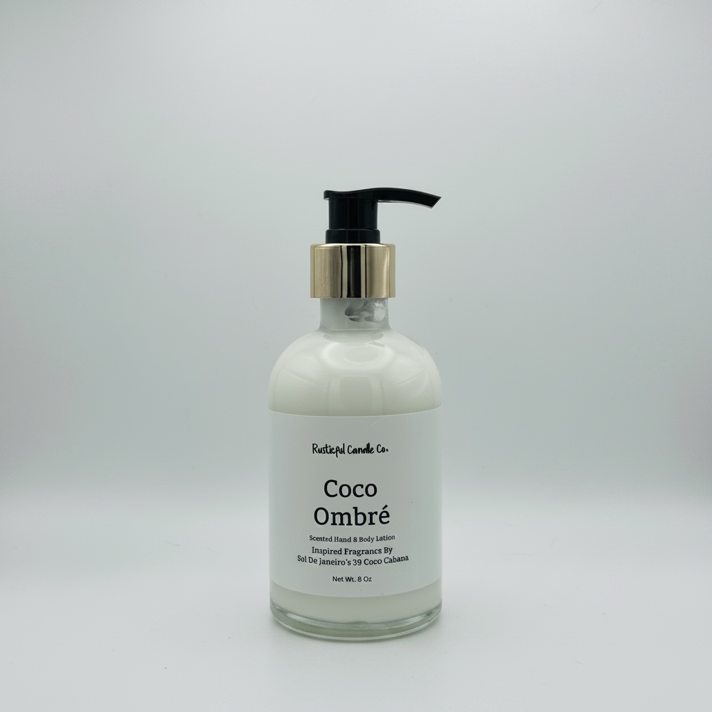 Bottle of Coco Ombre lotion with pump on a white background
