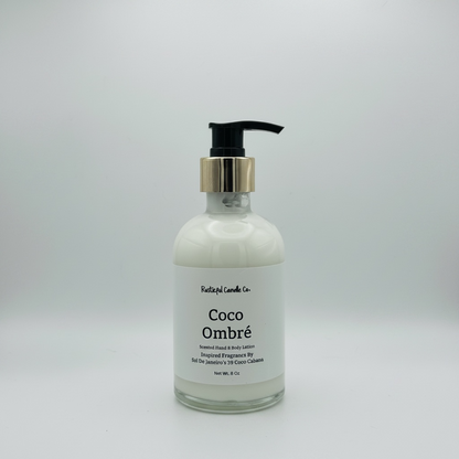 Bottle of Coco Ombre lotion with pump on a white background