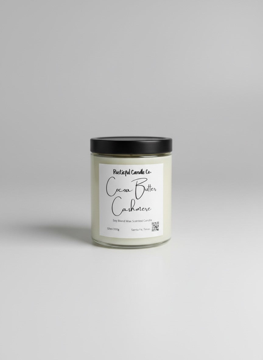 Candle jar with a black lid and white label on a gray background