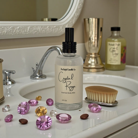 Body mist bottle labeled 'Crystal Rouge' on a bathroom counter with decorative stones and a mirror in the background.