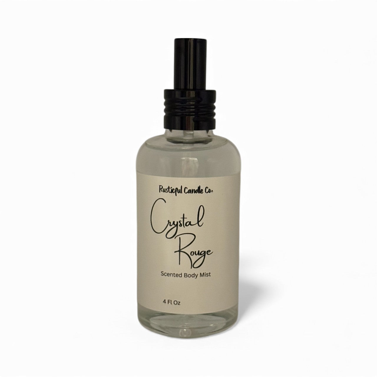 Clear glass bottle with black spray nozzle labeled 'Crystal Rouge' on a white background